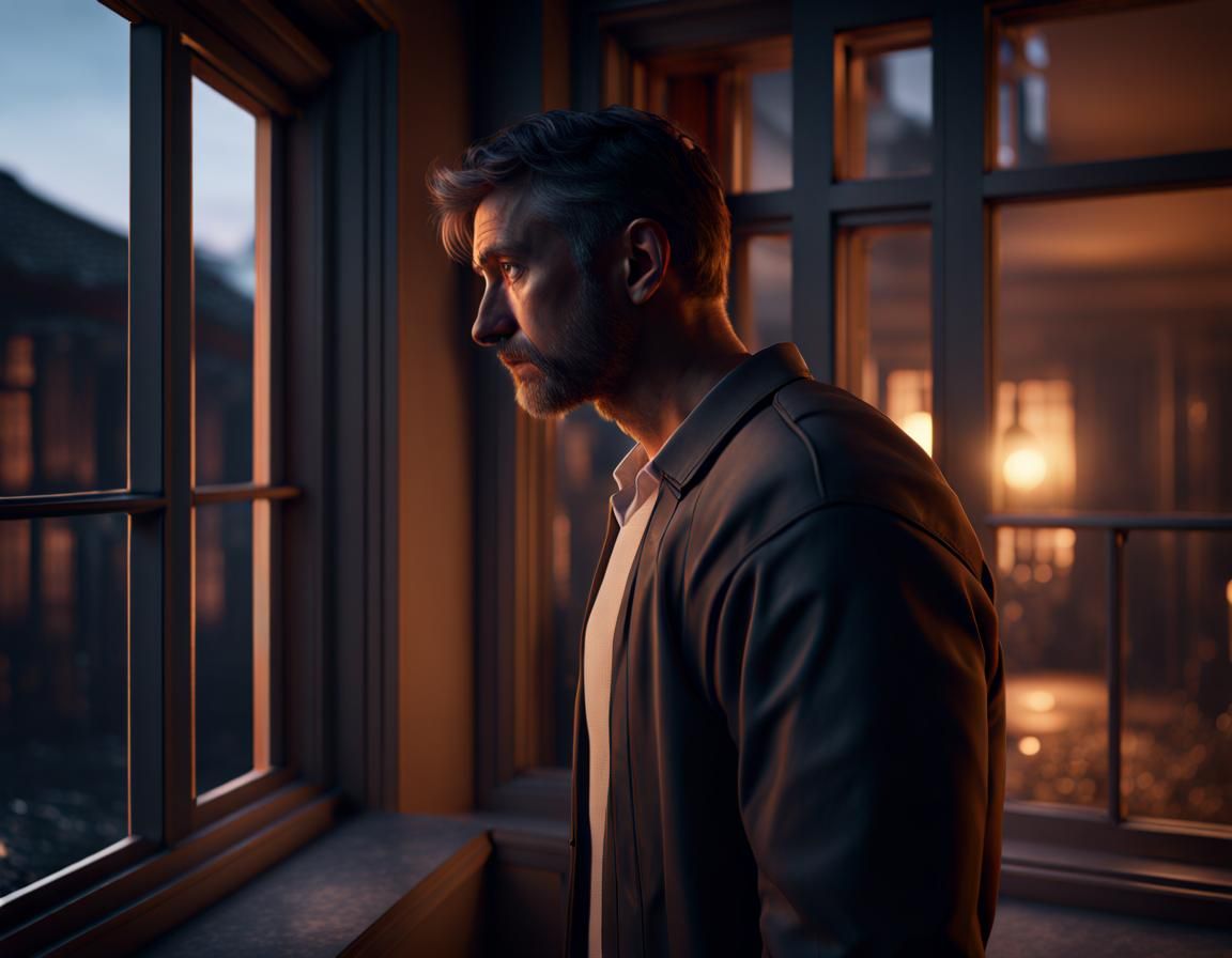 Sad Man Looks Home: Hyperdetailed Digital Rendering