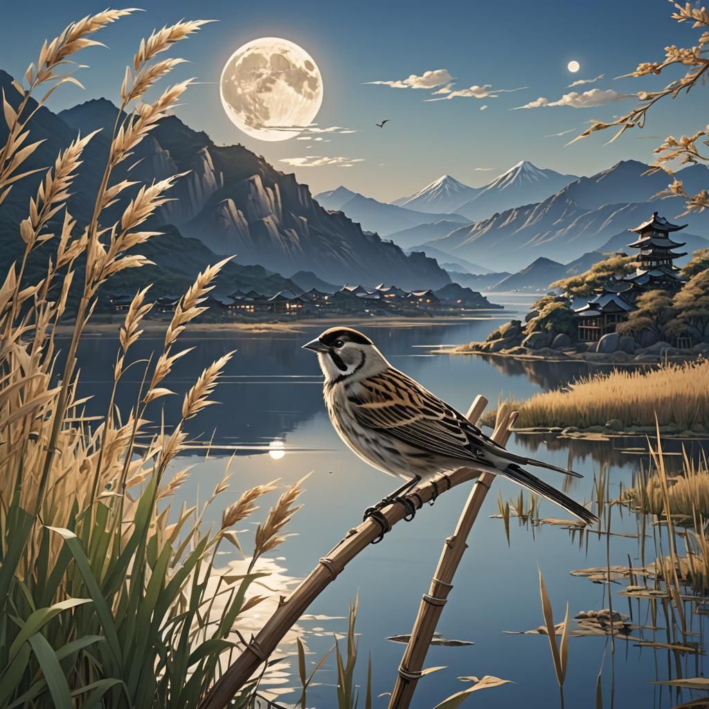 Japanese Anime Art of Reed Buntings by Lake