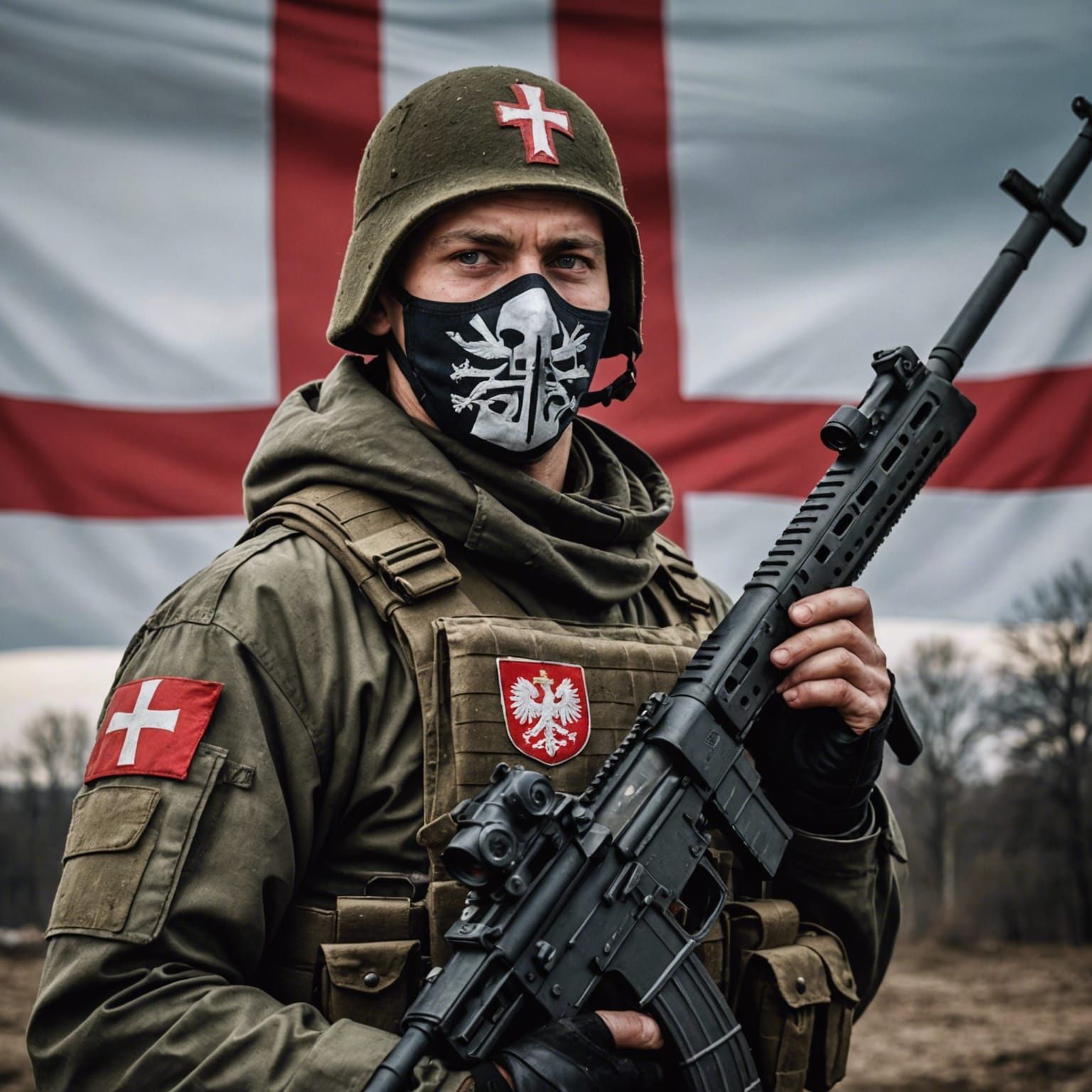 Polish Soldier Portrait with Flag and Christian Cross