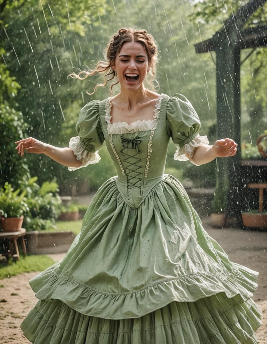 Woman in Green Crinoline Dress Dancing in Oat Flake Rain