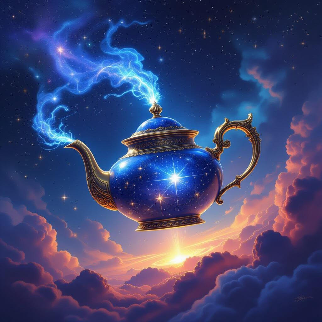 Celestial Bronze Teapot Pours Starlight Over Nebula Abyss