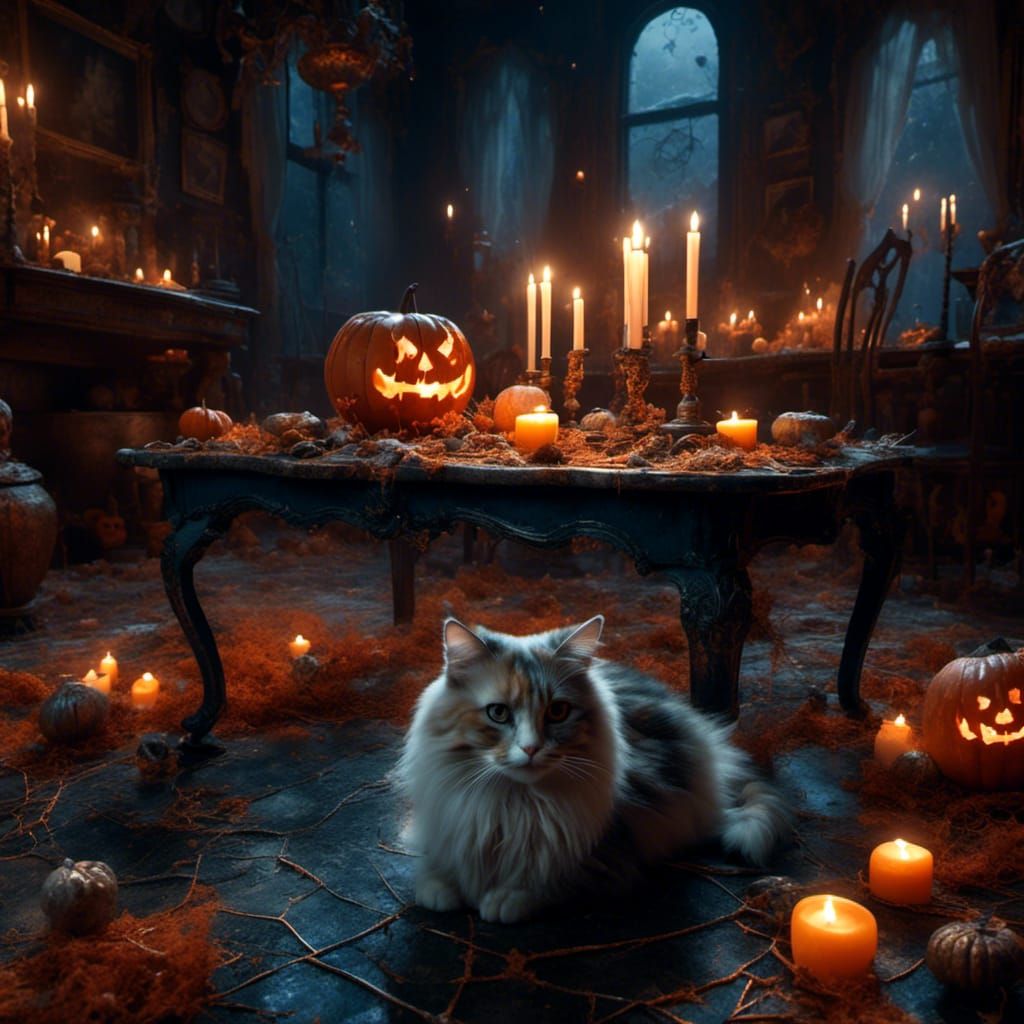 Calico Cat in Haunted House Oil Painting