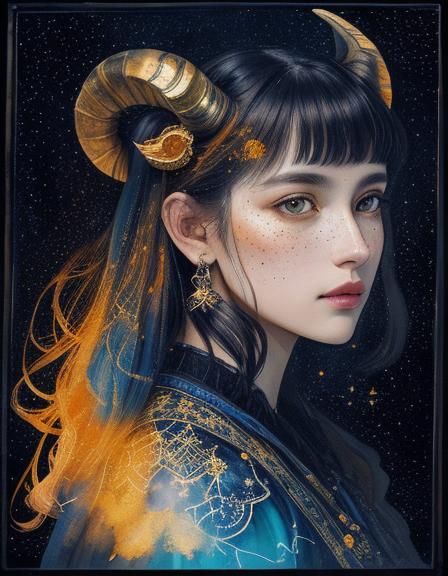 Woman as Taurus Constellation in Watercolor Style