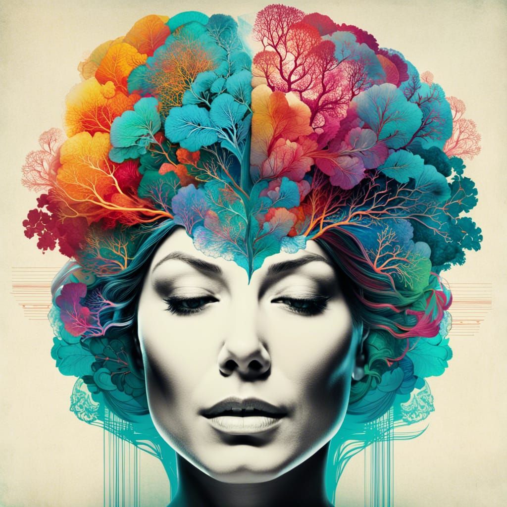 Woman's Portrait with Brain MRI in Double Exposure