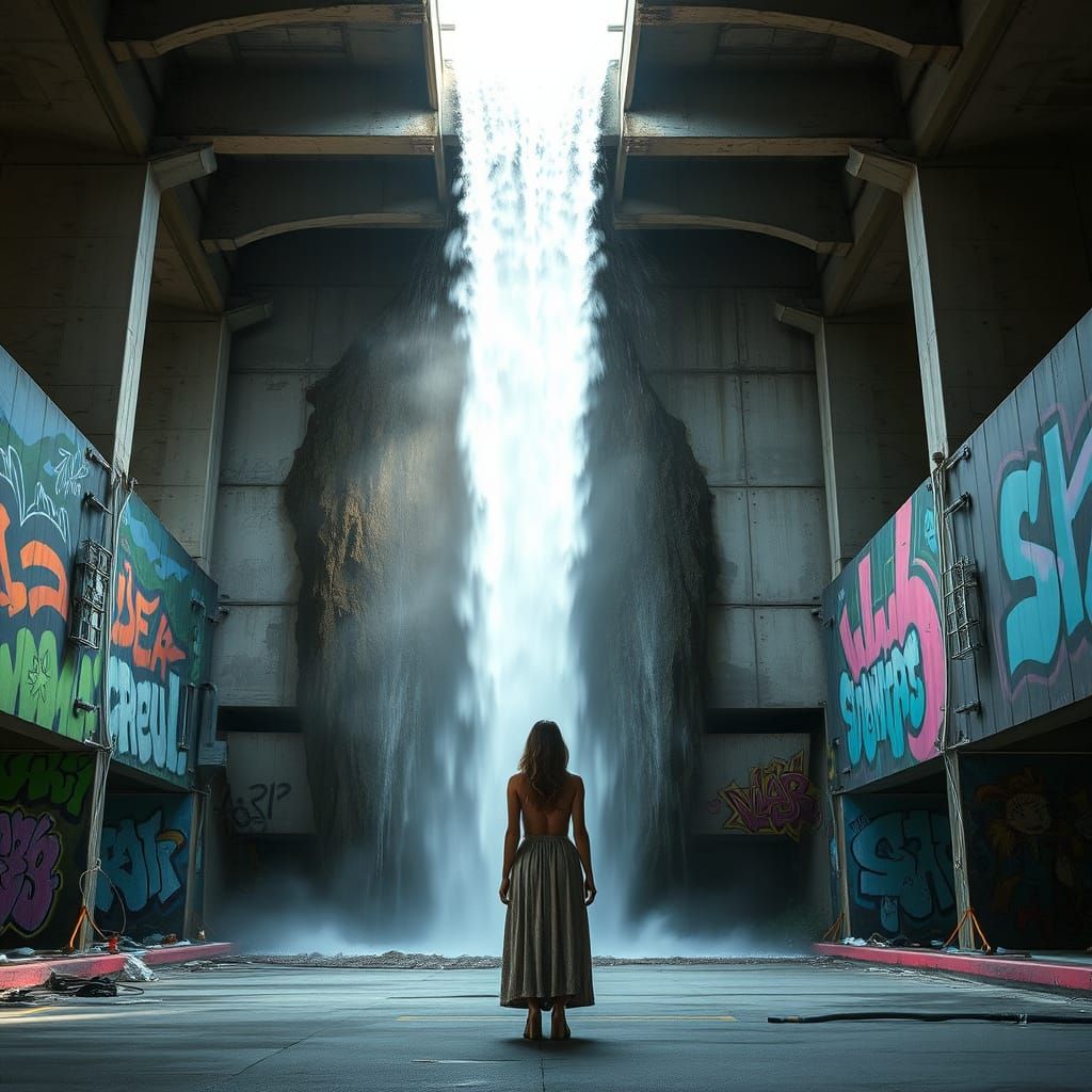 Waterfall in Urban Ruins: Dystopian Futurism