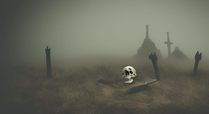 Eerie Halloween Landscape with Skulls in Burton Style