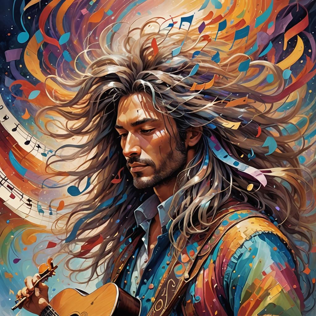 Musician's Surreal Cascade of Colorful Music Notes