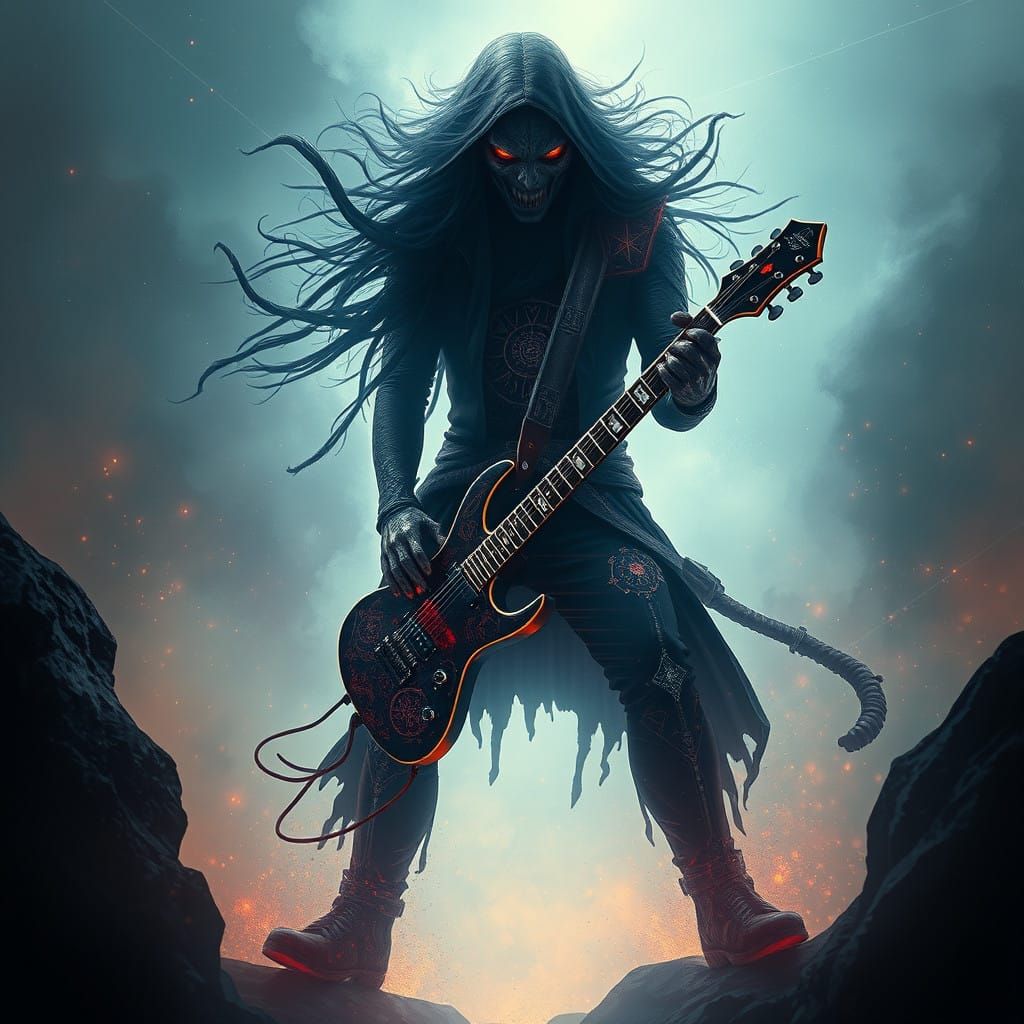 Ethereal Rockstar Emerges from the Void in Dark, Surreal Sty...