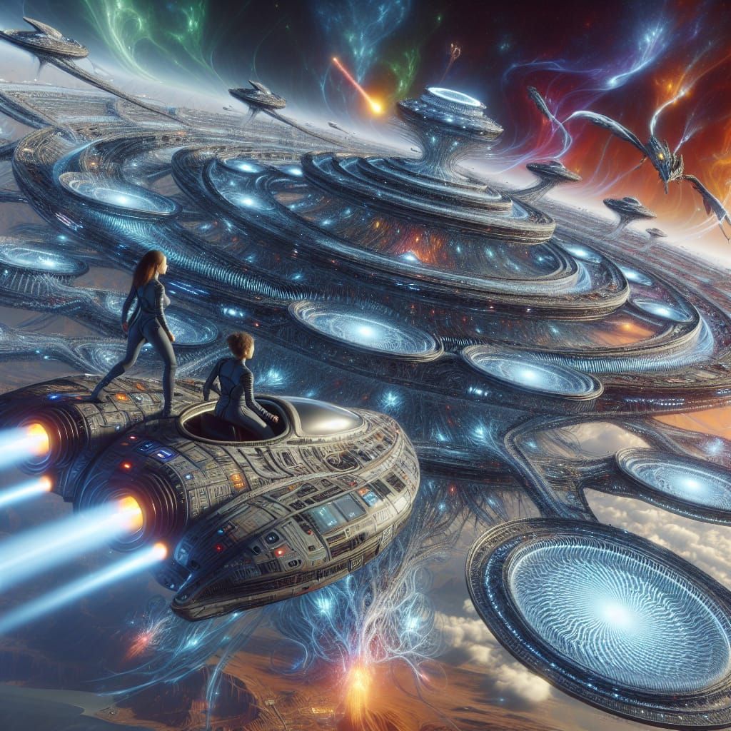 superheros man and woman in the cockpit of a  Deeply genetic in nature gigantic complex multitiered starship above a des...