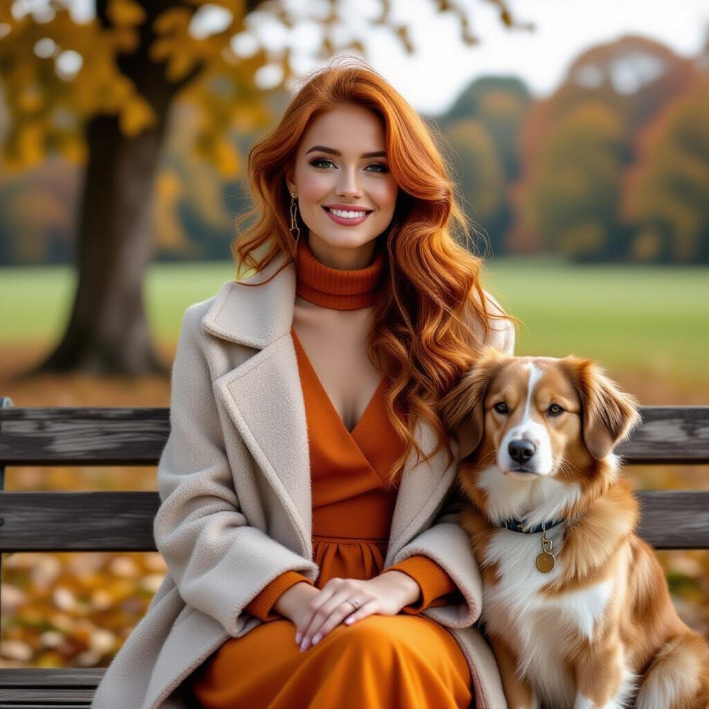 Young Woman in Autumn Forest with Dog