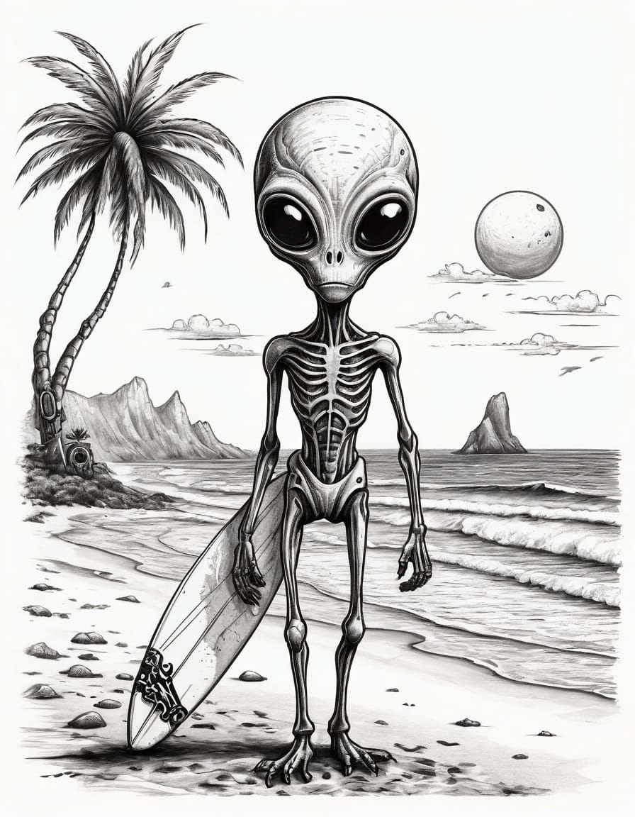 Surreal Alien Surfer in Whimsical Black-and-White Ink Drawin...