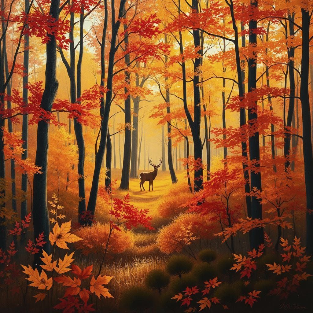 Golden Hour in Autumn Forest with Deer