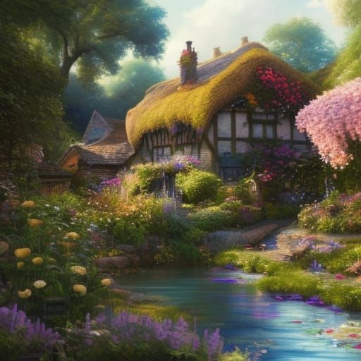 Cottagecore Village with Lush Flower Garden
