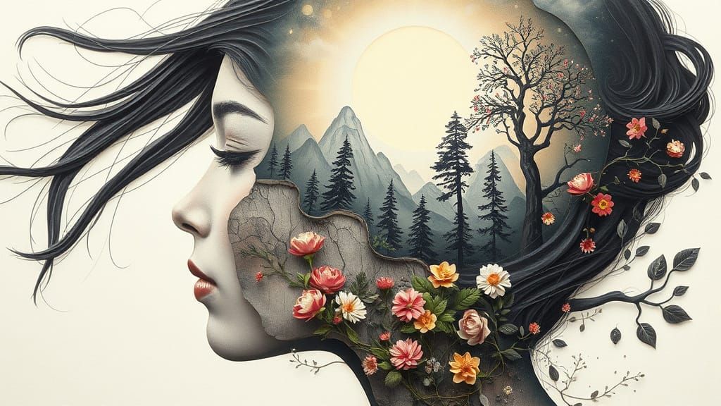 Surreal Mindscape: Woman's Head with Dreamlike World Inside