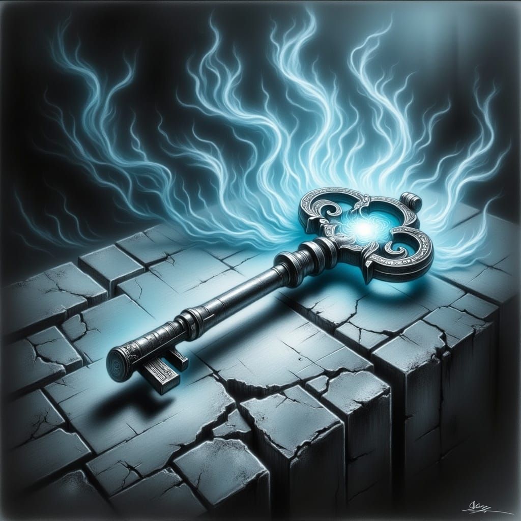 Mystical Silver Key on Stone Altar in Pastel Charcoal