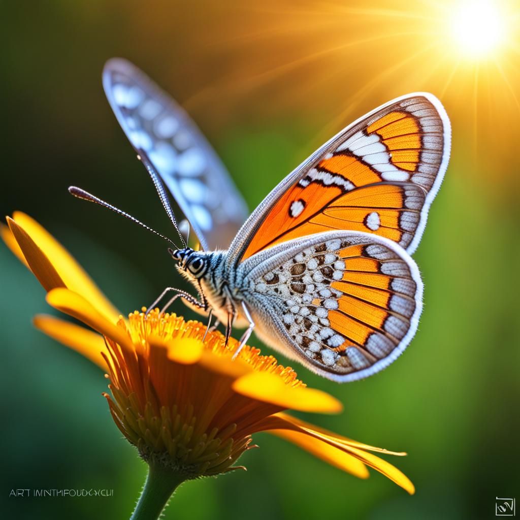 Macro Photo of Butterfly on Dew-Kissed Petal