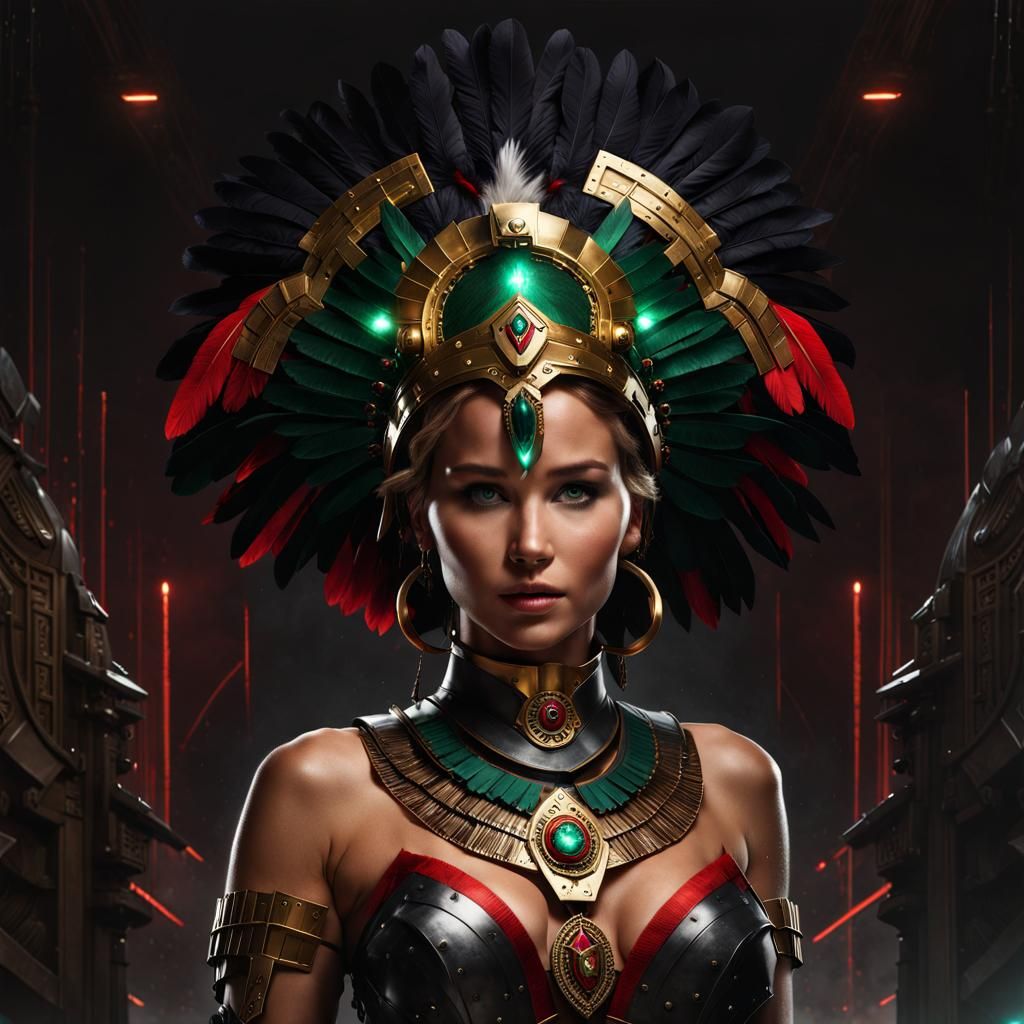 Woman in Cybernetic Armor with Aztec Headdress