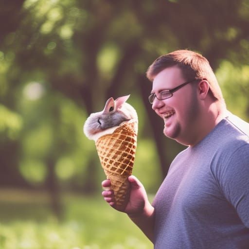A large man sharing an ice cream cone with a rabbit