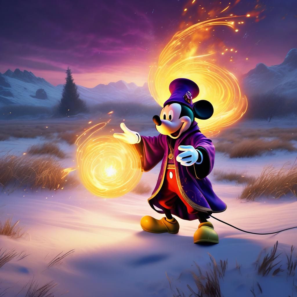 Mickey Mouse Sorcerer Casts Fireball: Dark Fantasy Art