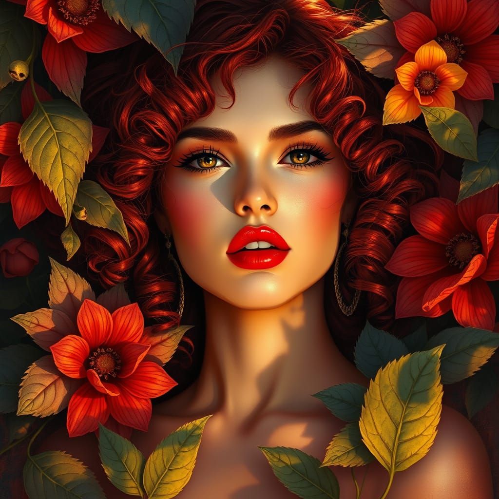 Confident Woman Amidst Vibrant Flowers in Fantasy Art Style