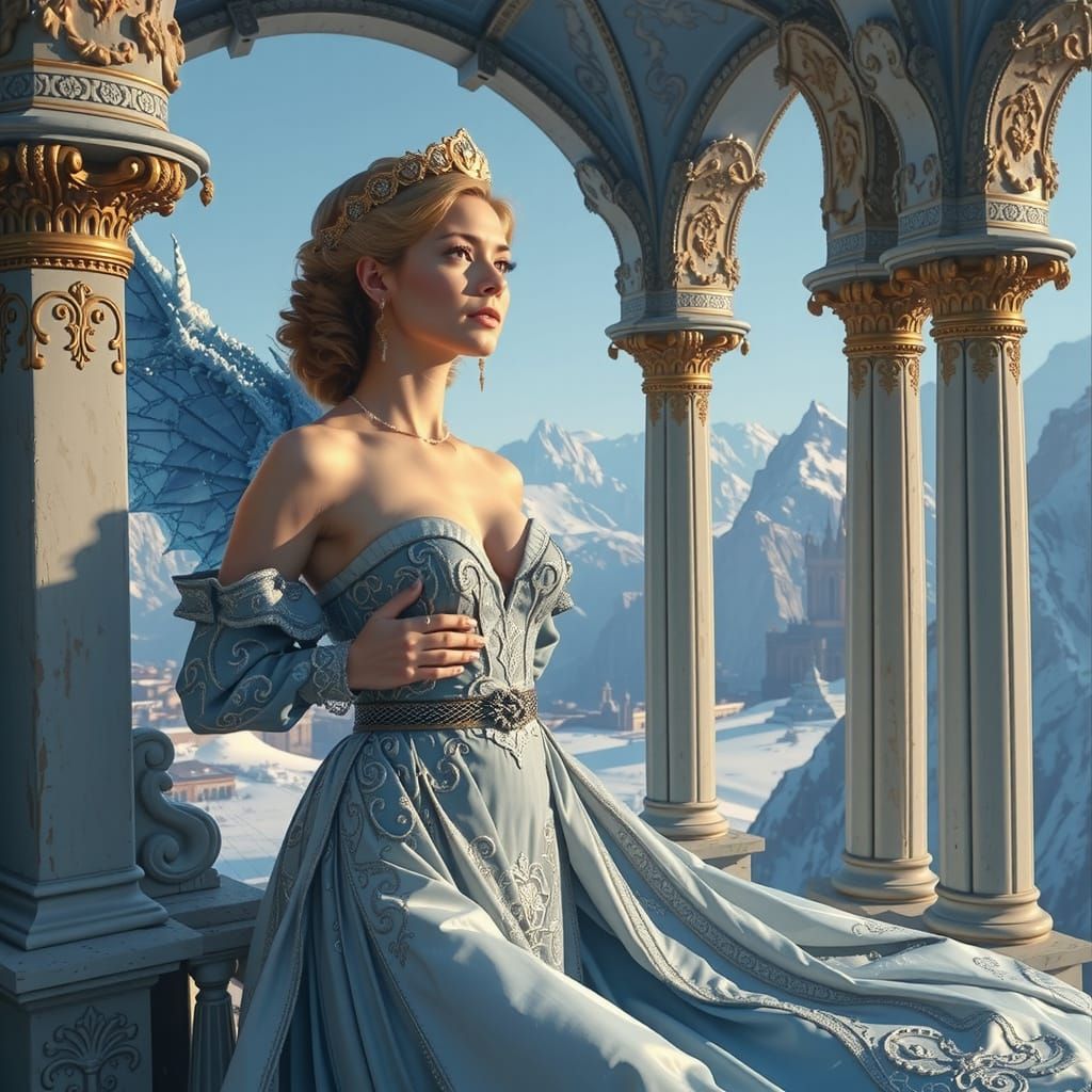 Regal Queen in Art Nouveau Style Overlooking City with Ice D...