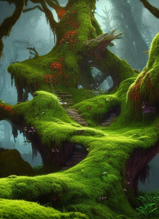 Enchanted Mossy Garden Bank: Fantasy Matte Painting