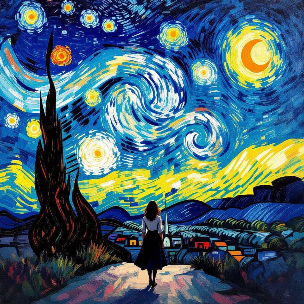 Woman at Village Edge in Dreamlike Van Gogh Style