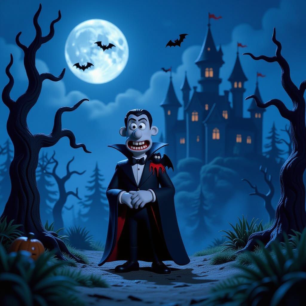 Claymation Dracula in Haunted Forest with Gothic Castle