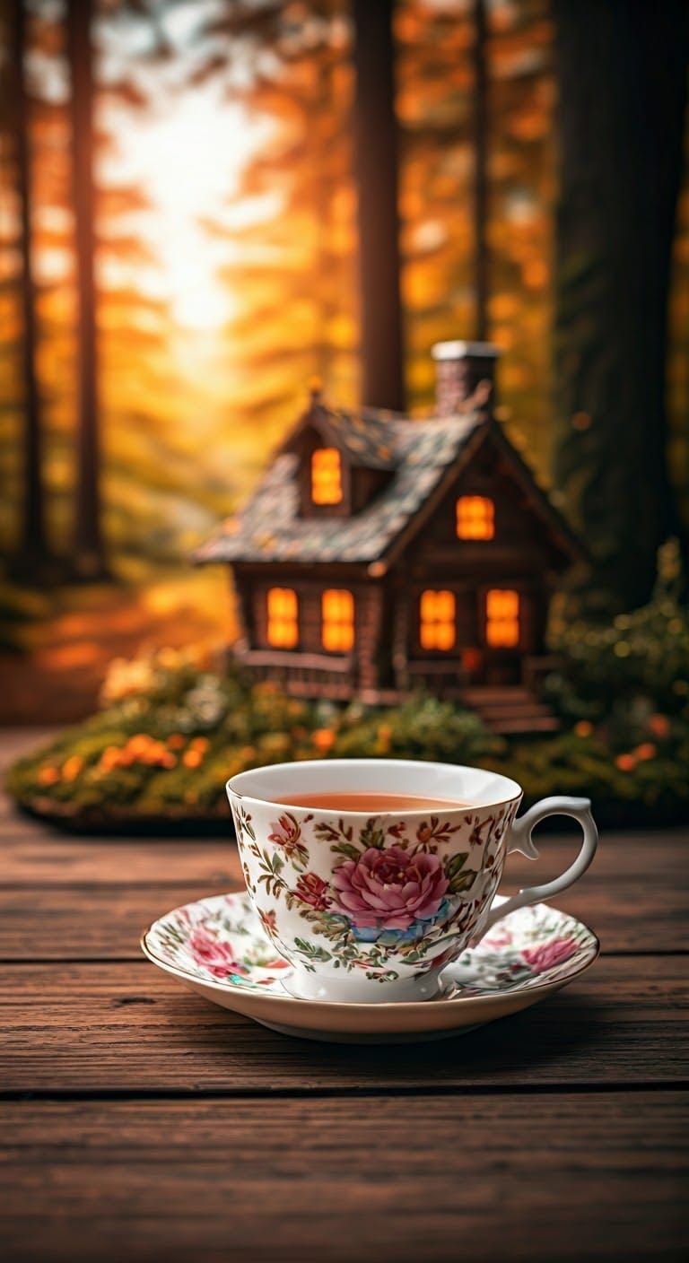 Autumn Forest Cabin in Ornate Teacup: Hyperrealistic HDR