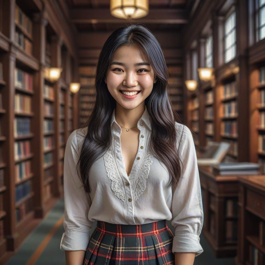 Smiling Asian Woman in Library: Hyperrealistic Portrait