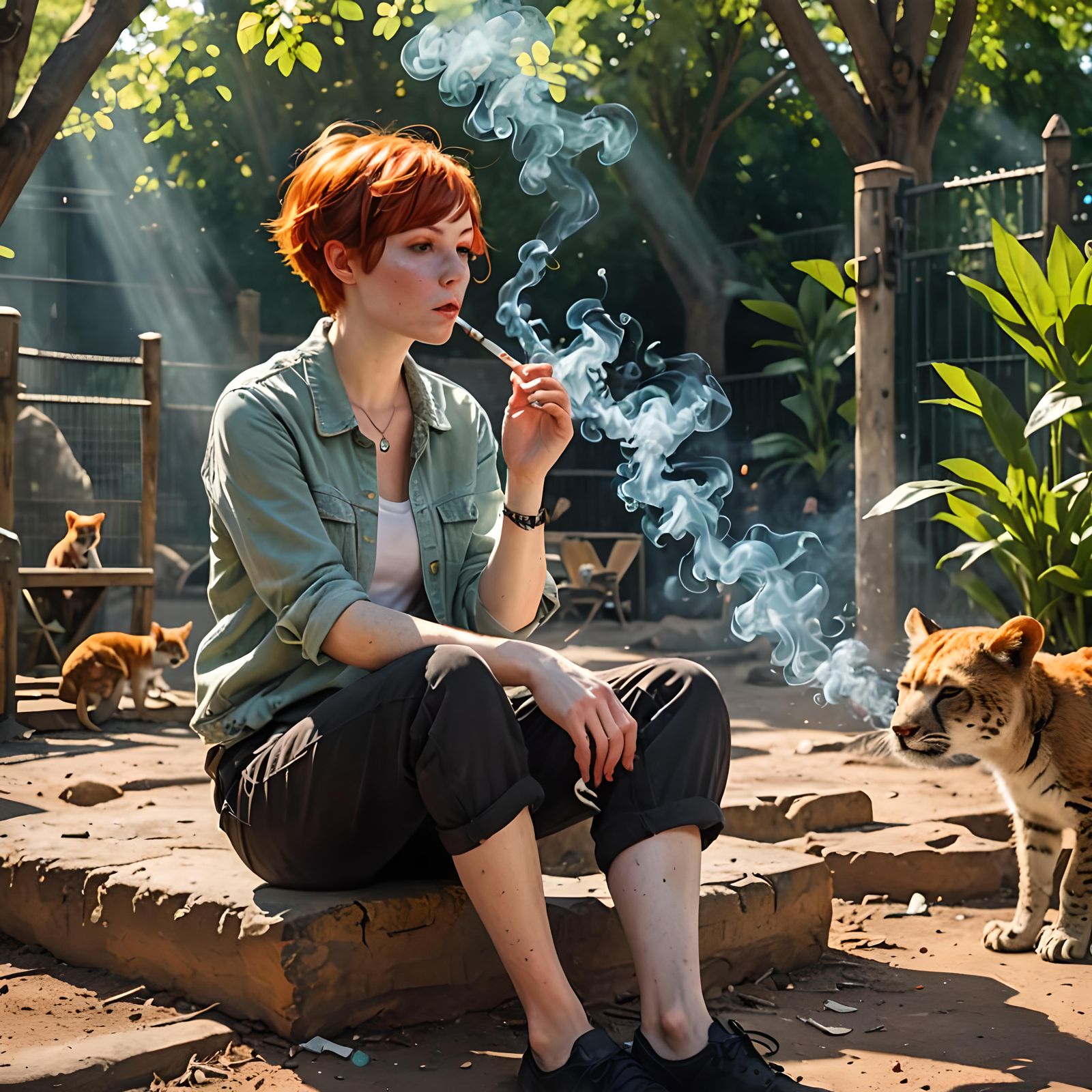 Redhead Girl Smoking at the Zoo