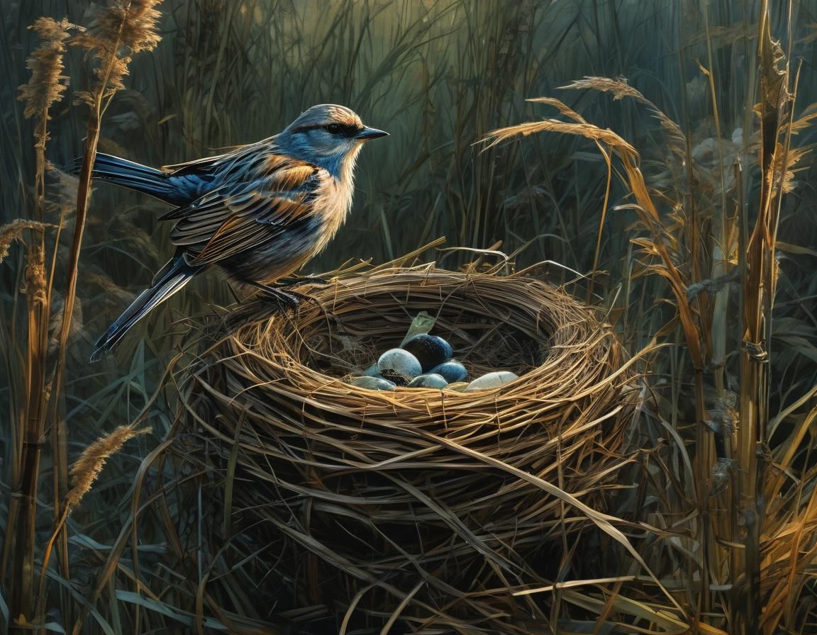 Bird's Nest in Reeds, Mysterious Detailed Art