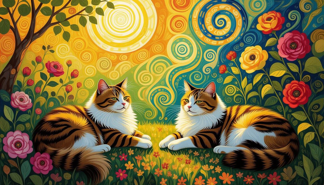 Cats in Sun-Drenched Garden, Blending Van Gogh and Klimt