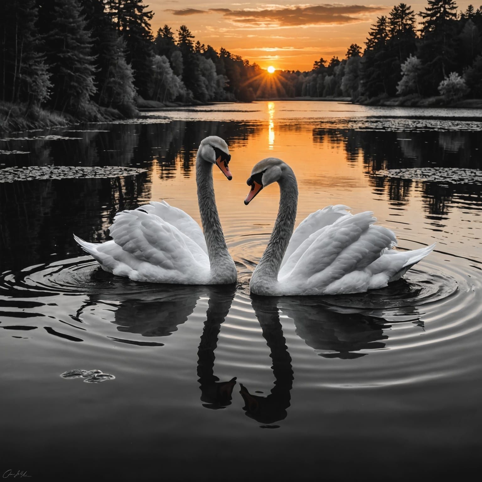 Monochrome Sunset Lake with Swans in Hyperrealism
