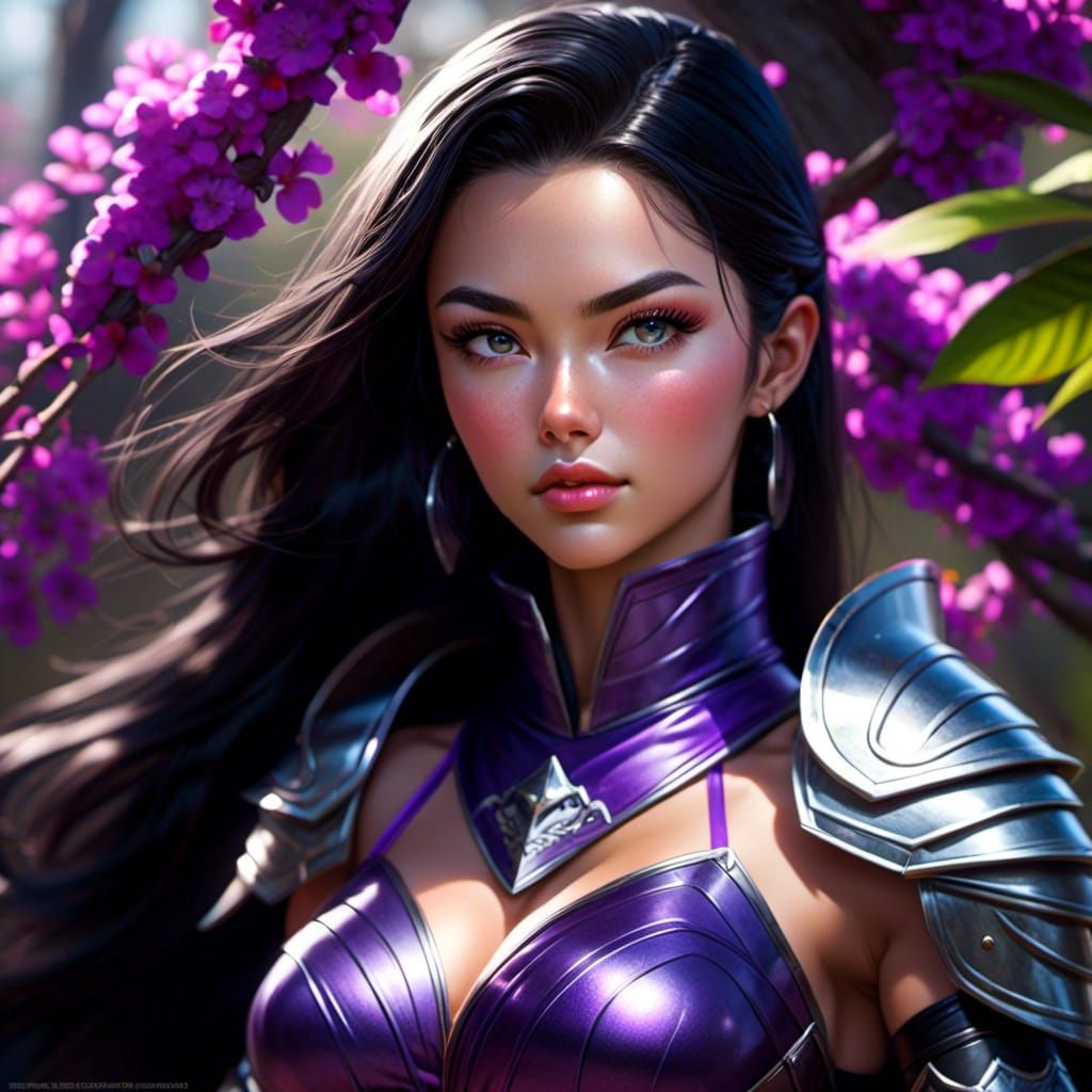 Female Knight in Neon Armor: Detailed Portrait