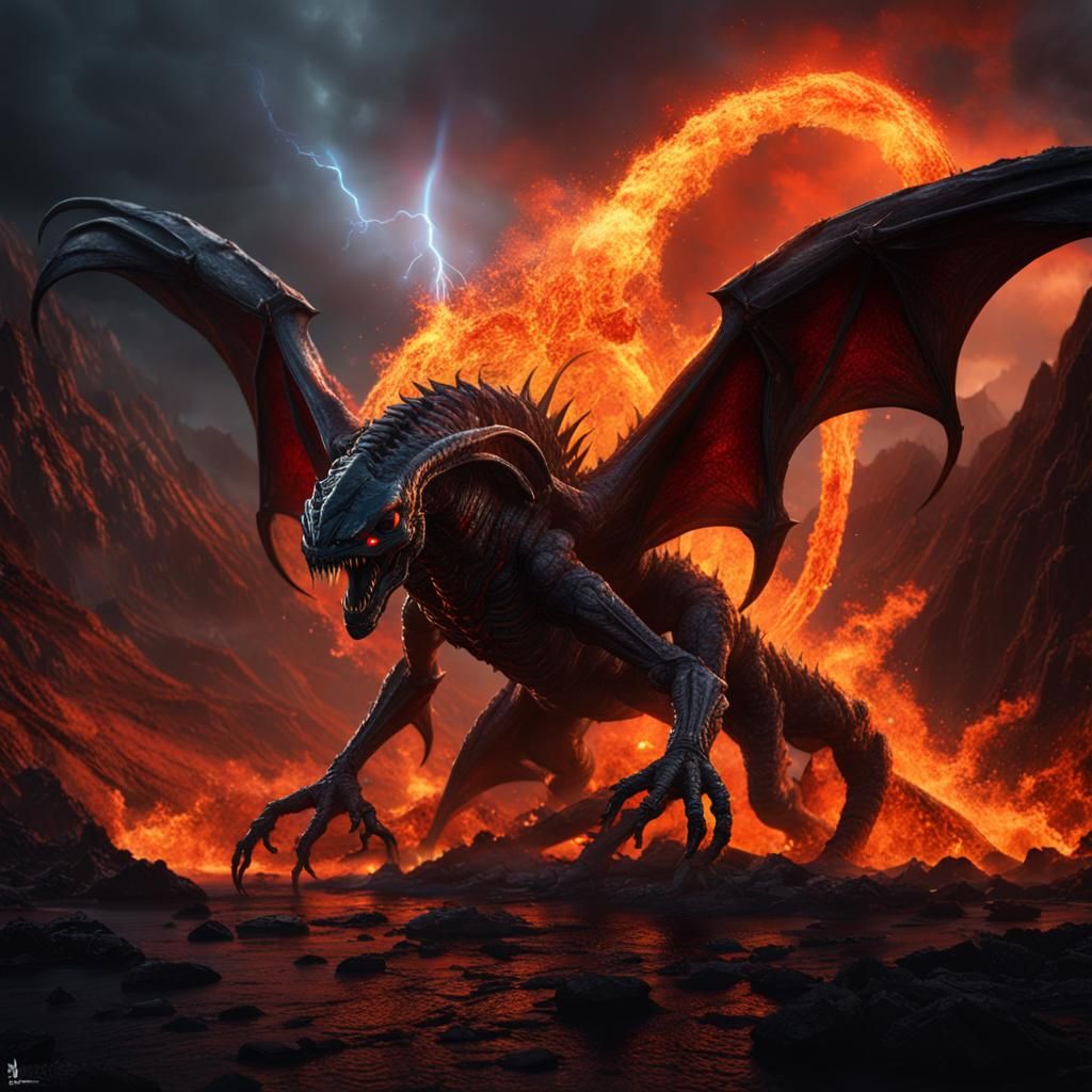 Rainbow Xenomorph-Balrog Hybrid Emerges from Volcano