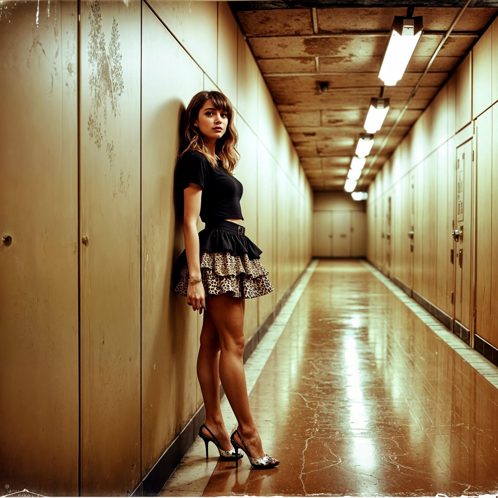 Woman in Grungeflux Style with Leopard Print Skirt