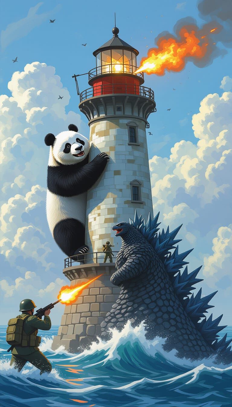 Panda Dragon Versus Godzilla Lighthouse Battle