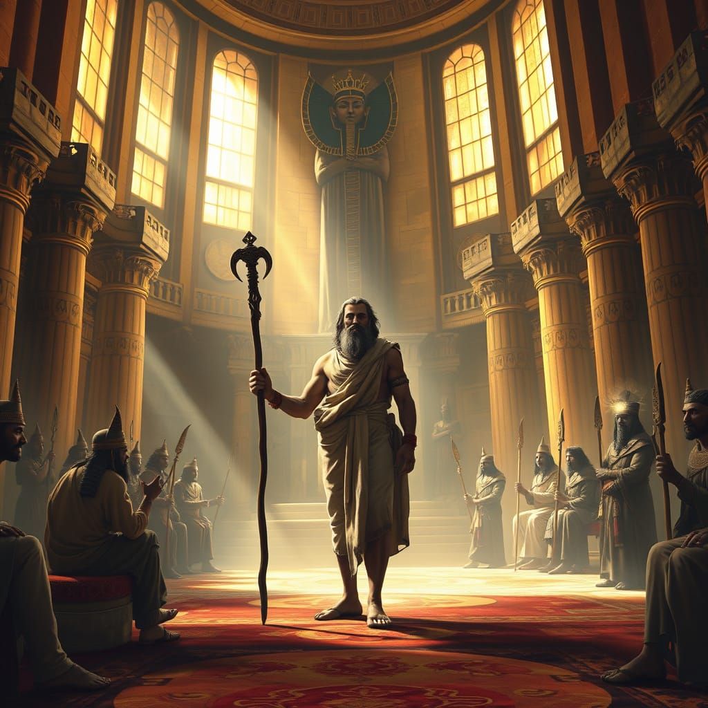 Moses Confronts Pharaoh in Opulent Throne Room