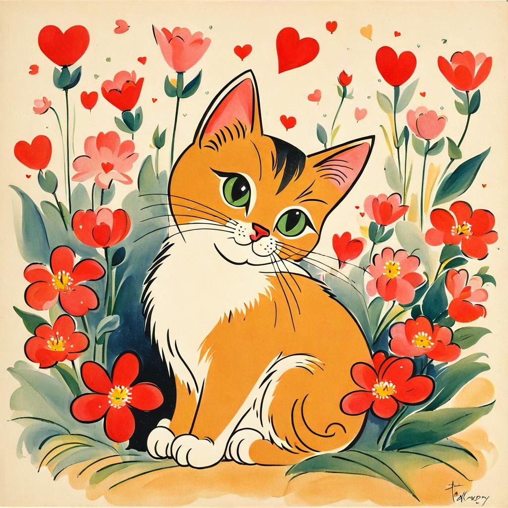 Cute Cat with Flowers in Cartoon Style