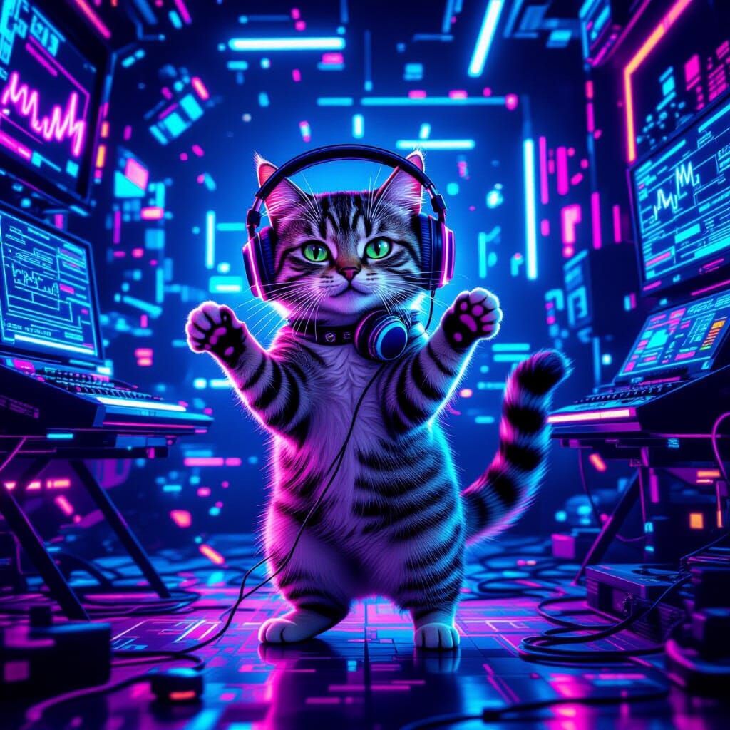 Gray Tabby Cat Dances in Neon Futuristic Room