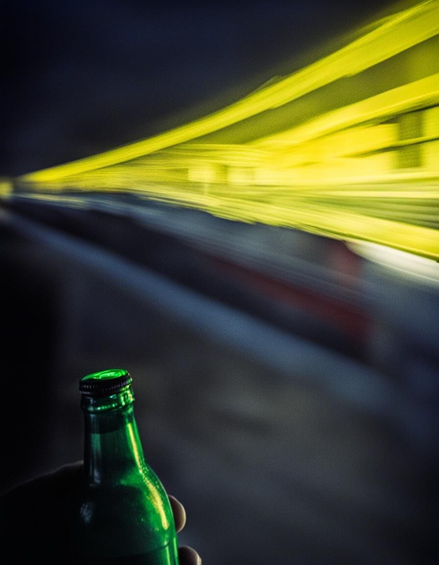 Train Light Reflections on Beer Bottle