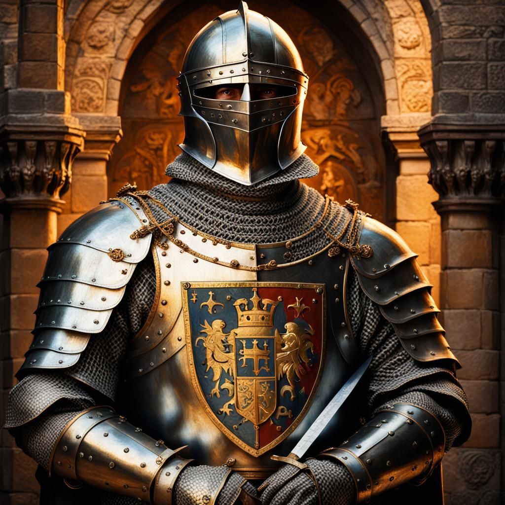 Medieval Crusader Knight in Ornate Armor