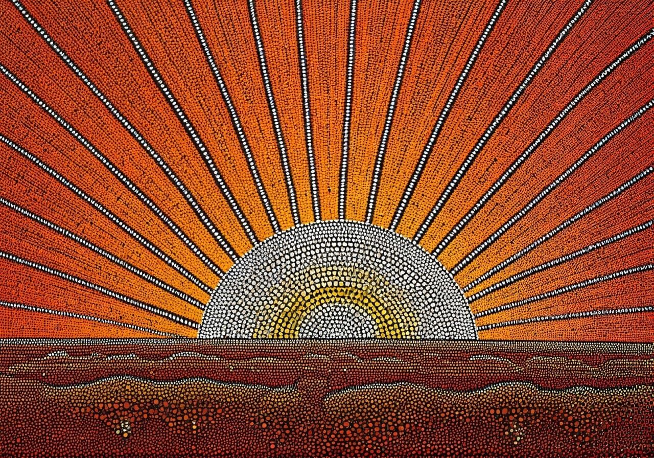 Aboriginal Dot Painting of Sunrise in Pointillism