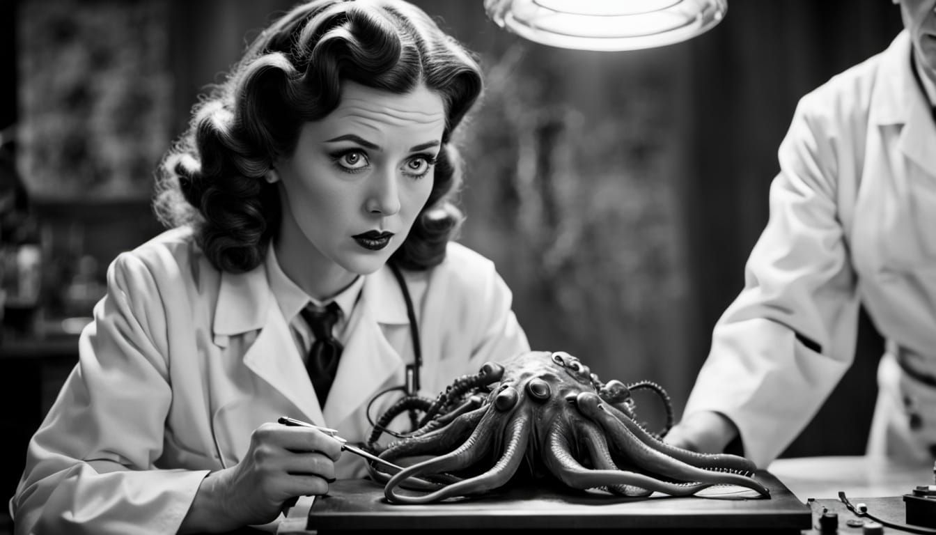 1940s Lady Doctor's Alien Autopsy in Black and White