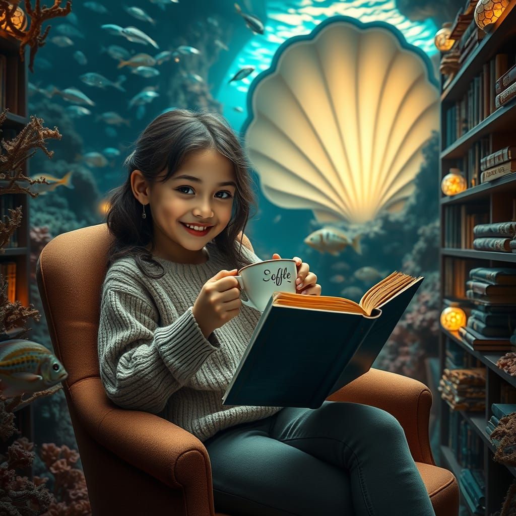 Enchanted Underwater Library Scene in Vibrant Coral Hues