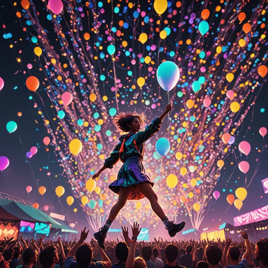 Woman Soaring Above Electronic Music Festival in Pastel Hues