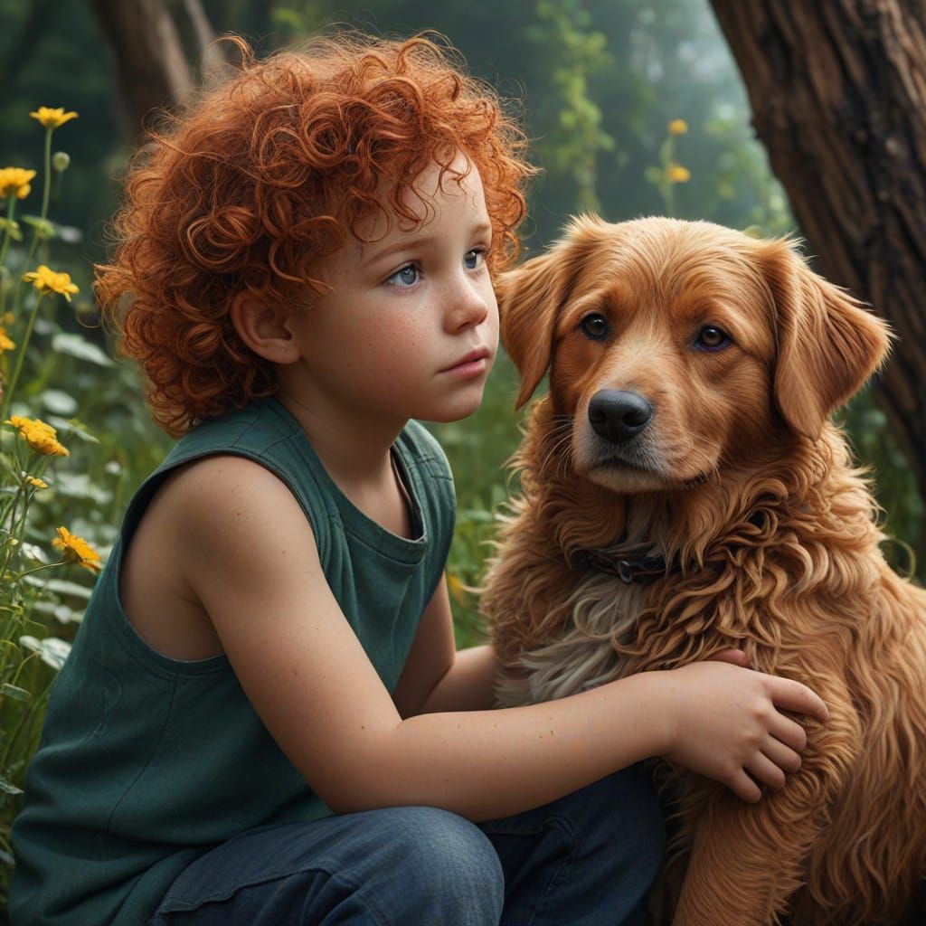 Whimsical Irish Boy's Daydream with Loyal Companion