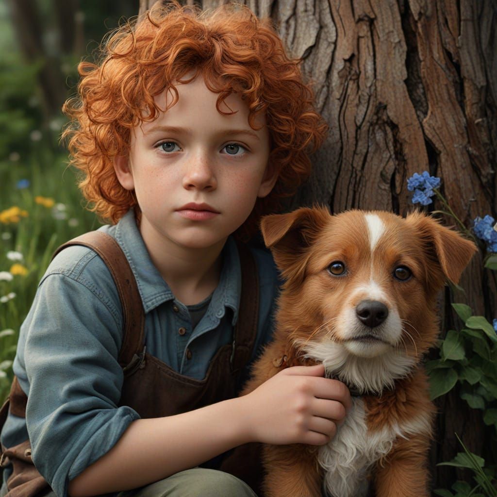 Whimsical Irish Boy and His Loyal Companion in a Fantastical...