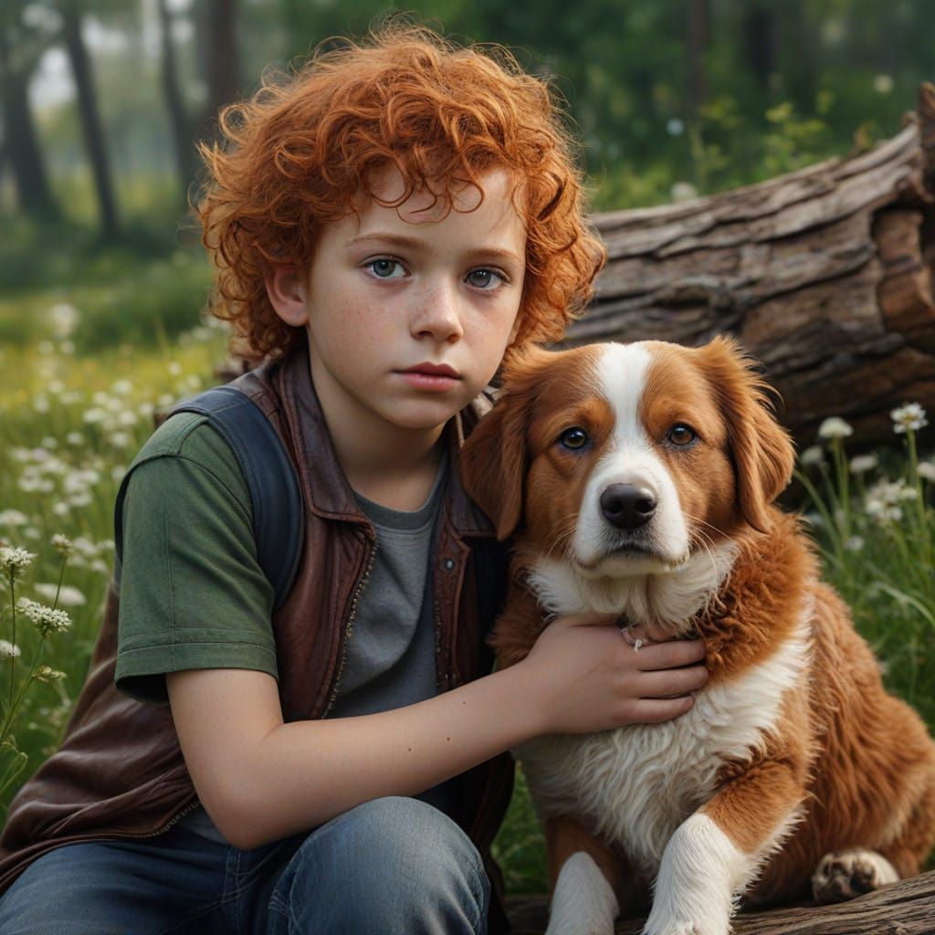 Whimsical Irish Boy Lost in Thought with Loyal Hurly Hair Do...